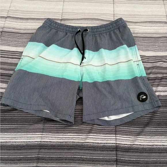 Quiksilver Men's Gray Swim Shorts with Aqua Gradient Stripes - Picture 7 of 7